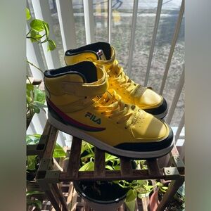 FILA Men's Yellow High-Top Sneakers with Black, Red, & Green Accents